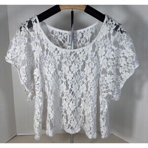 Aeropostale Junior XL White Lace Crop Blouse Cotton Blend Short Sleeve Back Slit